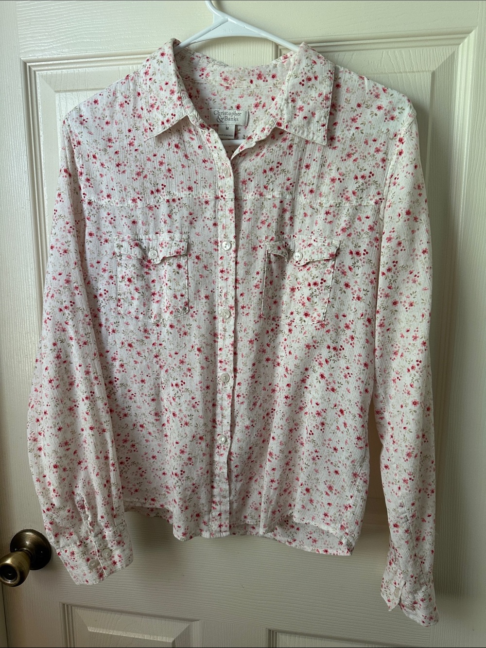 Christopher & Banks White Button-Up Shirt with Pink Floral Print